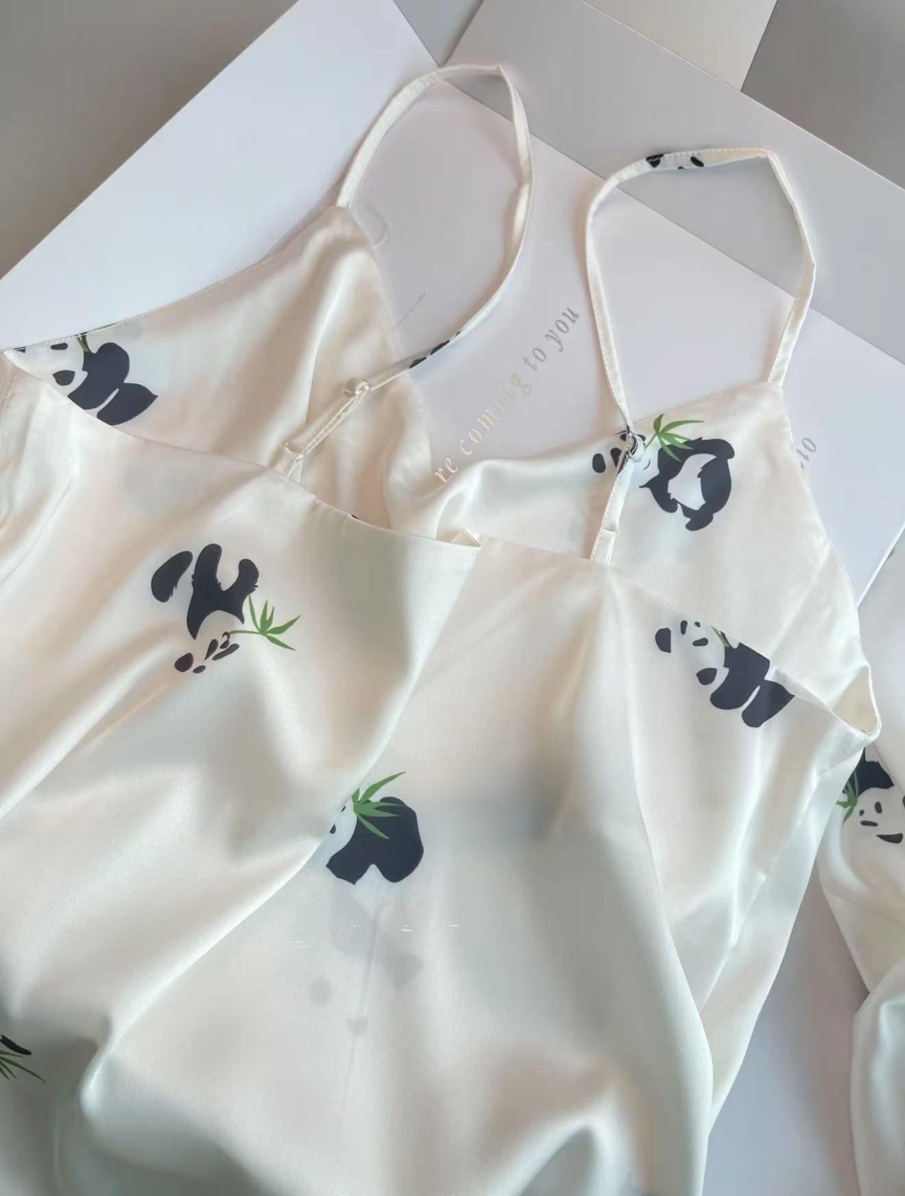 Women's Satin Robe Set Nightgown with Robes Silk Pajama Set 2 Pieces Lingerie Cowl Neck Sleepwear Sets(Panda pattern)