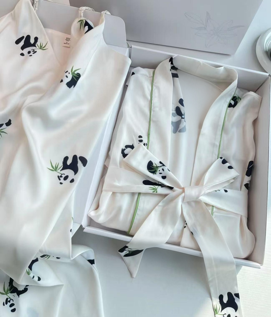 Women's Satin Robe Set Nightgown with Robes Silk Pajama Set 2 Pieces Lingerie Cowl Neck Sleepwear Sets(Panda pattern)